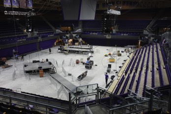  Bernie Sanders at the Hec Ed Pavillion - building stage, PA and press riser 